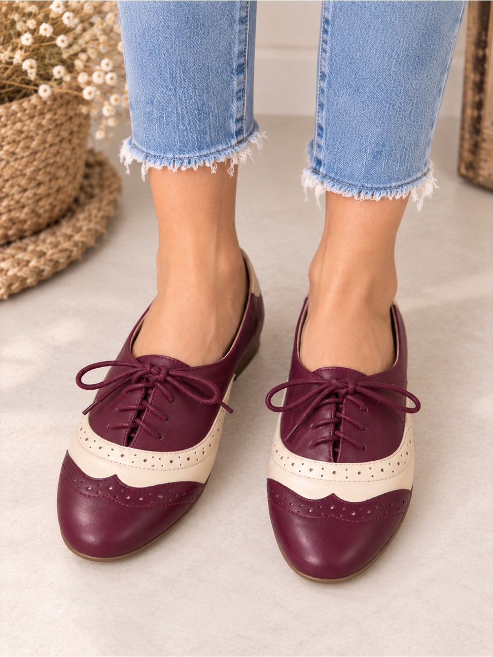 Women's Two-Tone Burgundy and Cream Lace-Up Oxford Flats